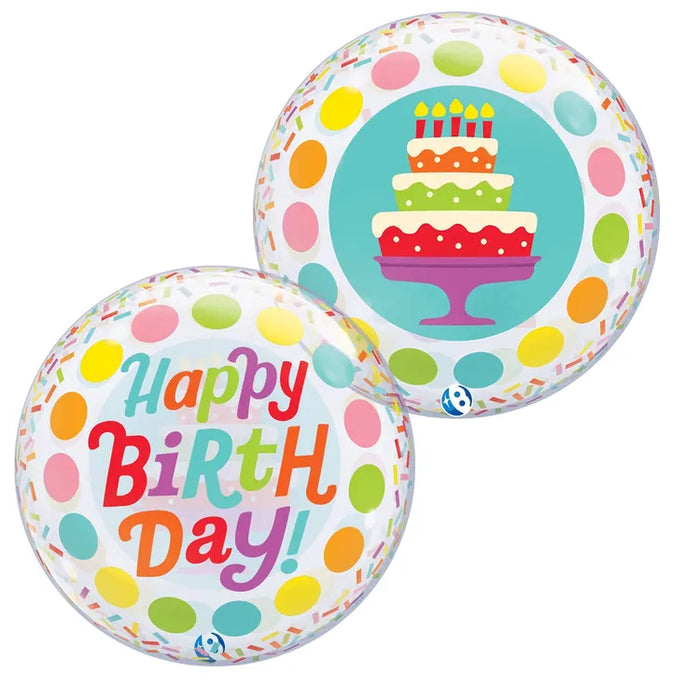 A 22-inch foil balloon shown inflated against a white background, printed with a birthday cake & colorful dots bubble balloon | 1ct design.