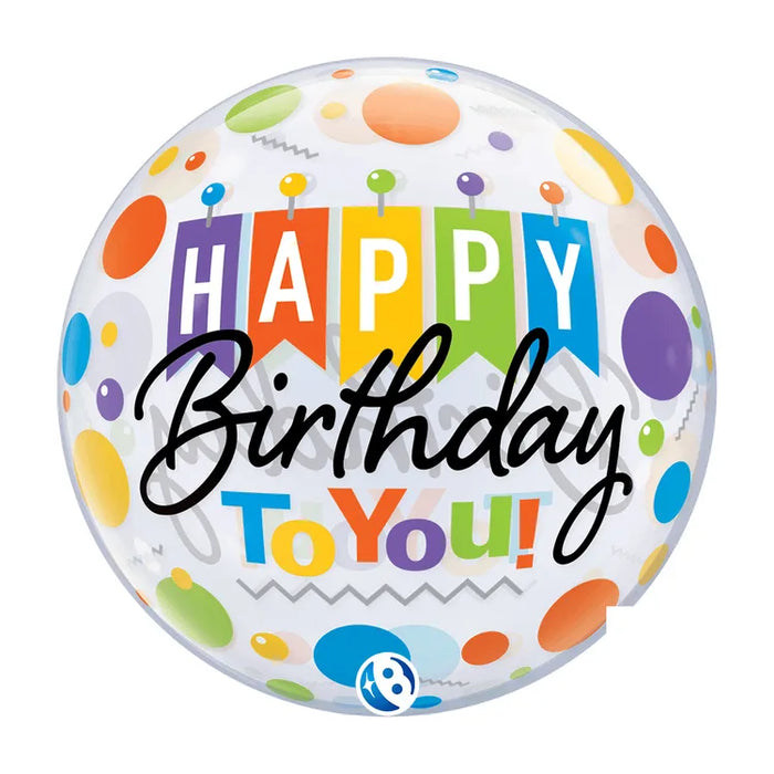 A 22-inch foil balloon shown inflated against a white background, printed with a birthday banner bubble balloon | 1ct design.