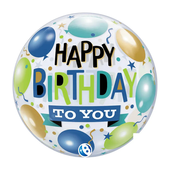 A 22-inch foil balloon shown inflated against a white background, printed with a happy birthday to you bubble balloon | 1ct design.