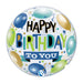 A 22-inch foil balloon shown inflated against a white background, printed with a happy birthday to you bubble balloon | 1ct design.