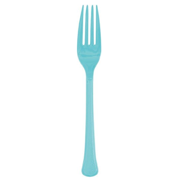 Single teal plastic fork displayed vertically against a white background.