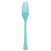 Single teal plastic fork displayed vertically against a white background.