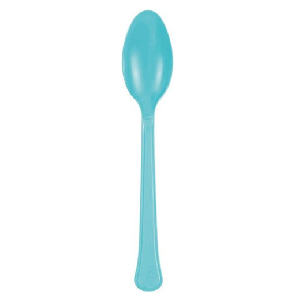 Single teal plastic spoon with a rounded bowl and tapered handle displayed against a white background.