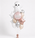 A Halloween-themed balloon bouquet featuring a white ghost balloon, a pink round balloon with 'hey boo' text, star-shaped balloons in white and rose gold, and several metallic silve, champagne and white latex balloons, tied together with a rose gold weight at the bottom.