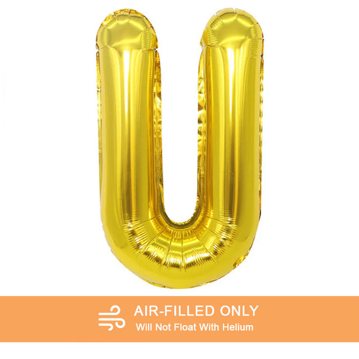 A 16-inchAir Filled Gold Mylar Letter Balloon in the letter U.