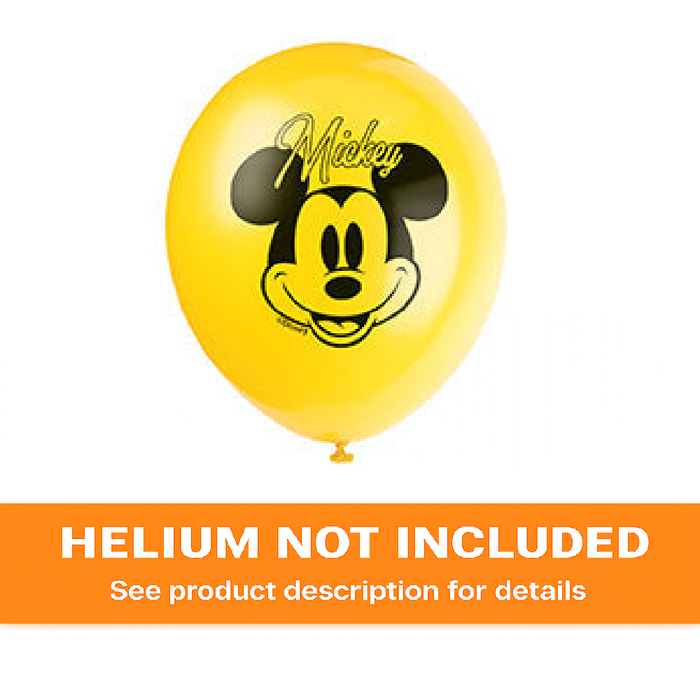 Yellow 12-inch Mickey Mouse latex balloon with black Mickey face artwork and orange “Helium Not Included” banner at the bottom.