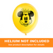 Yellow 12-inch Mickey Mouse latex balloon with black Mickey face artwork and orange “Helium Not Included” banner at the bottom.