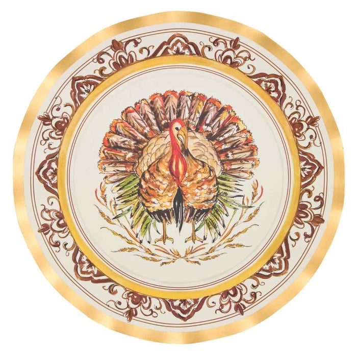 A round decorative plate featuring a central turkey illustration surrounded by ornate brown scrollwork and a wide gold rim on a white background.
