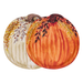 Two pumpkin-shaped paper plates with autumnal designs on a white background