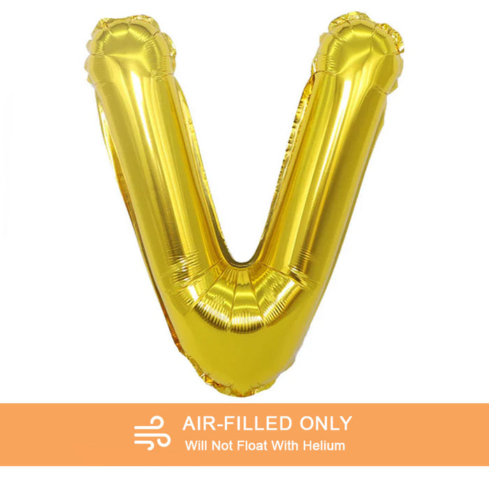 A 16-inchAir Filled Gold Mylar Letter Balloon in the letter V.