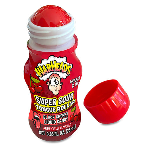 Warheads Super Sour Tongue Roller: liquid candy with a rolling-ball applicator. Sold in a 0.85 oz foil-wrapped roll, printed with the brand name and product.