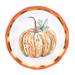 A round white plate featuring a watercolor-style illustration of a striped orange and green pumpkin with a leafy stem, framed by a metallic gold inner ring and a wide orange outer rim, on a white background.