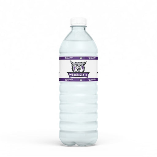 A water bottle with a Weber State University Water Bottle Label on it.