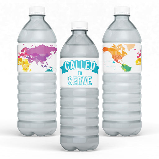 3 Water Bottles with the Missionary Called To Serve Color Water Bottle Label on them.  Labels are in different positions to show all the label on the bottle