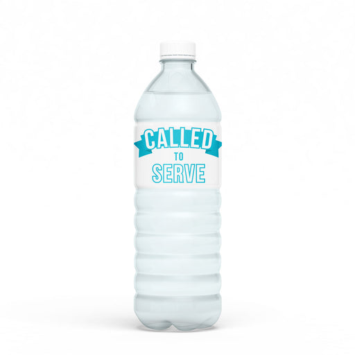 A water bottle with a Missionary Called To Serve Color Water Bottle Label on it.  Label is positions to show the Phrase Called to serve.