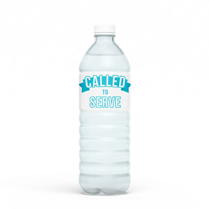 A water bottle with a Missionary Called To Serve Color Water Bottle Label on it.  Label is positions to show the Phrase Called to serve.