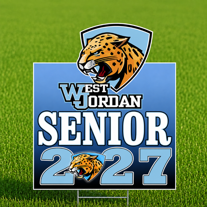A rectangular graphic design with a blue gradient background featuring the text 'WEST JORDAN SENIOR 2027' in white and light blue, plus a large illustrated leopard head crest at the top and a smaller matching crest over the number 2.