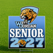A rectangular graphic design with a blue gradient background featuring the text 'WEST JORDAN SENIOR 2027' in white and light blue, plus a large illustrated leopard head crest at the top and a smaller matching crest over the number 2.