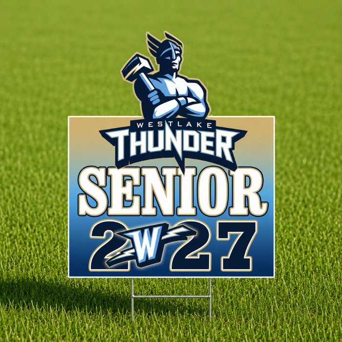 A rectangular yard sign on a metal stake displayed on a green grass field. The sign features the Westlake Thunder logo with a blue horned mascot above the words 'WESTLAKE THUNDER SENIOR 2W27'.