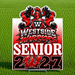 A rectangular yard sign with a Westside Warriors Senior 2027 design, displayed on a green grass background. The sign features a red and white gradient background with black and white graphics, including a shield with a 'W' and stylized flames.