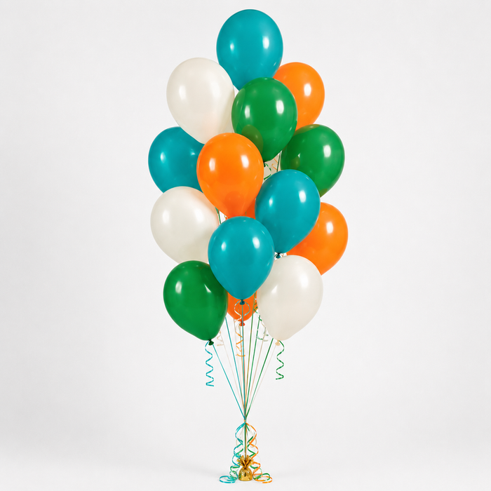 Wild One Themed Accent Bouquet with turquoise, orange, shamrock green, and ivory latex balloons arranged with matching curling ribbon, designed to coordinate with Wild One baby shower products.
