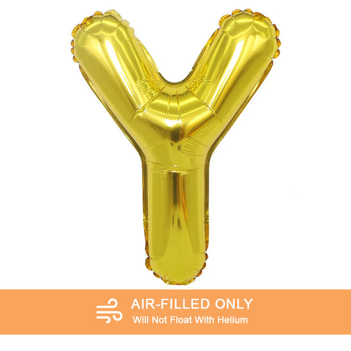 A 16-inchAir Filled Gold Mylar Letter Balloon in the letter Y.