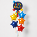 A balloon bouquet featuring a round 'Happy Birthday' balloon with colorful lettering, surrounded by six metallic star-shaped balloons in blue, yellow, orange, and red, set against a plain light gray background.