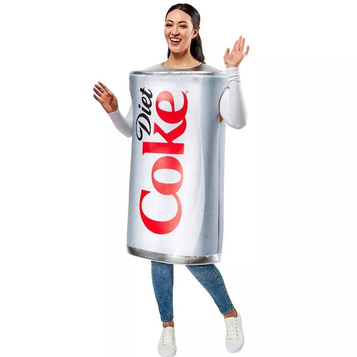 Woman wearing a white cylindrical costume designed to look like a Diet Coke can with red and black branding, paired with blue jeans and white sneakers.