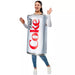 Woman wearing a white cylindrical costume designed to look like a Diet Coke can with red and black branding, paired with blue jeans and white sneakers.