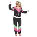Neon 80s track suit costume in black with hot pink and lime green color-blocking on the jacket and pants, paired with sunglasses and a green hair clip.