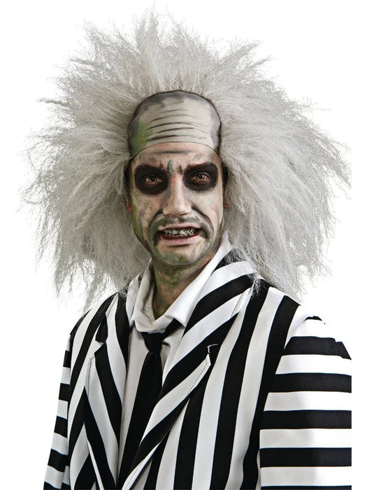 Wild gray and white spiky wig with a gauze headband, paired with a black and white striped jacket costume accessory.