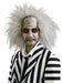 Wild gray and white spiky wig with a gauze headband, paired with a black and white striped jacket costume accessory.