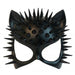 Black cat-shaped mask with pointed ears and sharp spikes covering the crown and sides, featuring eye holes and studded details across the forehead.