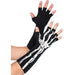Pair of black fingerless gloves with white skeleton bone design on the back of the hands, featuring open fingertips and glow-in-the-dark details.