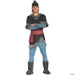 Man wearing Nordic-inspired costume with black tunic, blue pants, gray fur-trimmed boots, decorative red and gold belt, gray fur arm cuffs, and black pompom beanie.
