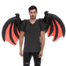 Man wearing a dark gray v-neck shirt and black distressed jeans with inflatable demon wings featuring black outer sections and bright red inner panels.