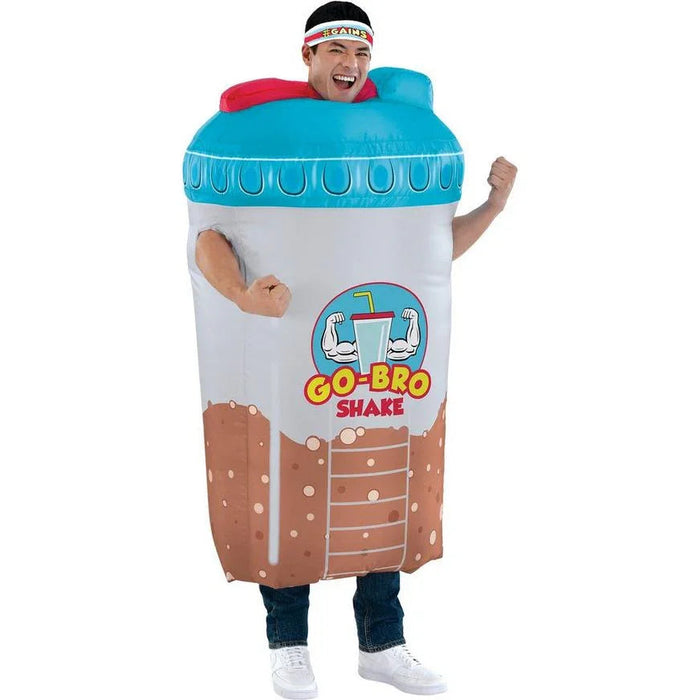 Adult wearing an inflatable costume shaped like a brown and white protein shake cup with a blue lid, red straw, and Go-Bro Shake branding on the front.