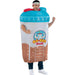 Adult wearing an inflatable costume shaped like a brown and white protein shake cup with a blue lid, red straw, and Go-Bro Shake branding on the front.
