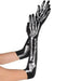 Pair of long black gloves with white skeleton bone printing extending from fingers to forearm, displayed on outstretched hands.