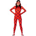 Red full-body spandex costume covered in black polka dots, paired with a matching red eye mask and red hair ribbons, worn with red canvas sneakers.
