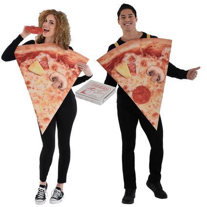 Two people wearing triangular pizza slice costumes with realistic pepperoni and cheese details, black pants and sleeves, posed facing each other with a pizza box prop between them.