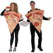 Two people wearing triangular pizza slice costumes with realistic pepperoni and cheese details, black pants and sleeves, posed facing each other with a pizza box prop between them.