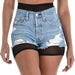 Light blue distressed denim shorts with rips and frayed edges paired with sheer black mesh bike shorts underneath.