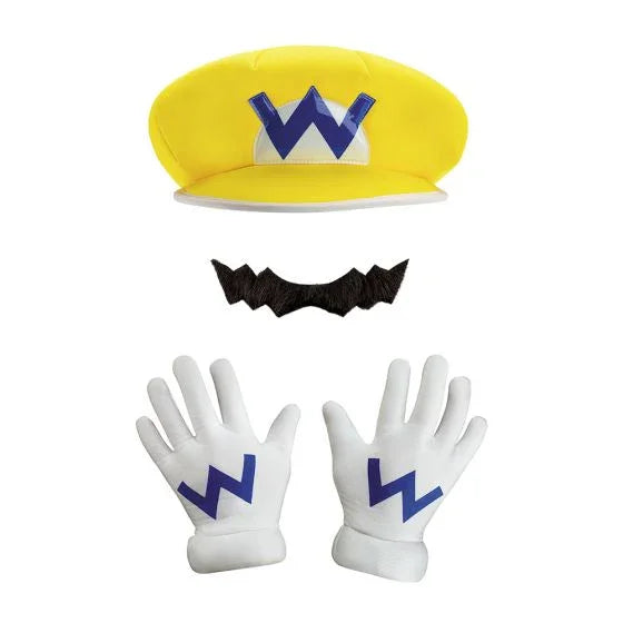 Yellow cap with blue W symbol, black mustache, and white gloves with blue lightning bolts form a three-piece Wario costume accessory set.