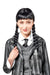Black braided wig with blunt bangs styled in two long plaits, shown on a mannequin head wearing a gray school uniform with white collar and black tie.