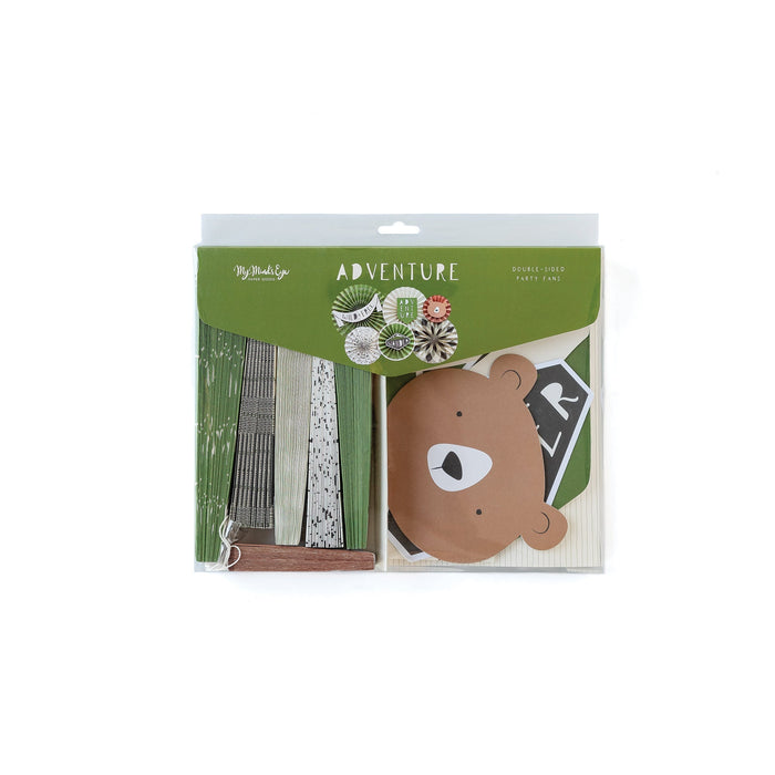 Adventure Party Decor Fans Set package with 6 double-sided paper fans in green, brown, cream, and patterned woodland designs, including a bear face and trail sign accents.