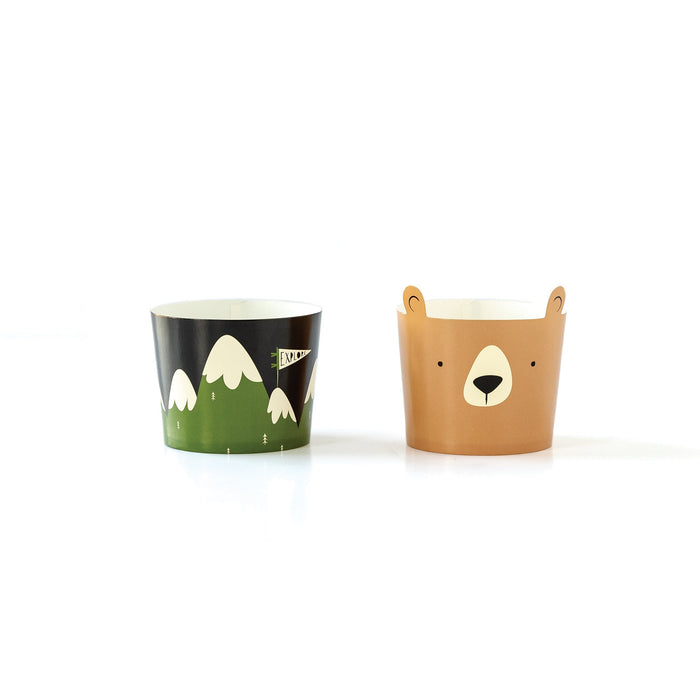 Adventure food cups with two designs: one green mountain cup with snowy peaks and an “Explore” flag, and one brown bear face cup with ear details.