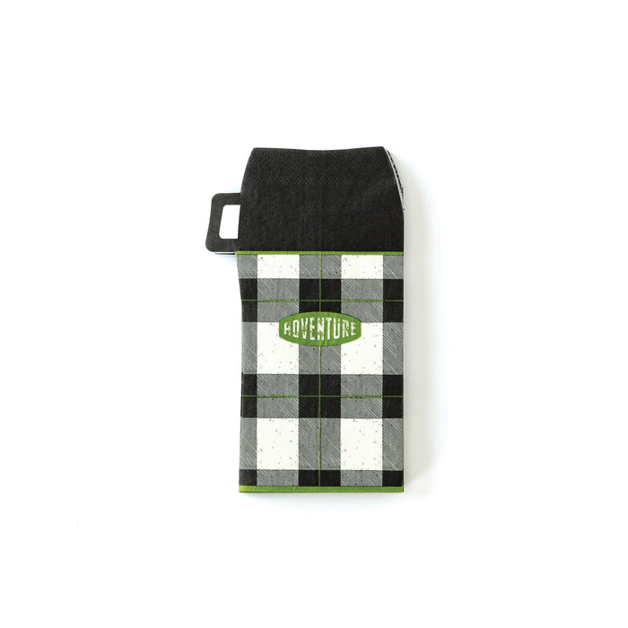 Adventure thermos shaped napkin with black lid, black-and-white plaid pattern, green trim, and “Adventure” label on a white background.