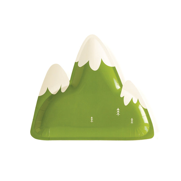 Adventure mountain shaped paper plate with green peaks, white snowcaps, and small tree details on a white background.