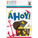 Unique Party brand pirate-themed loot bags featuring "Ahoy" text in blue, a treasure chest with gold coins, parrots, a red anchor, and pearls, containing 8 count per package.